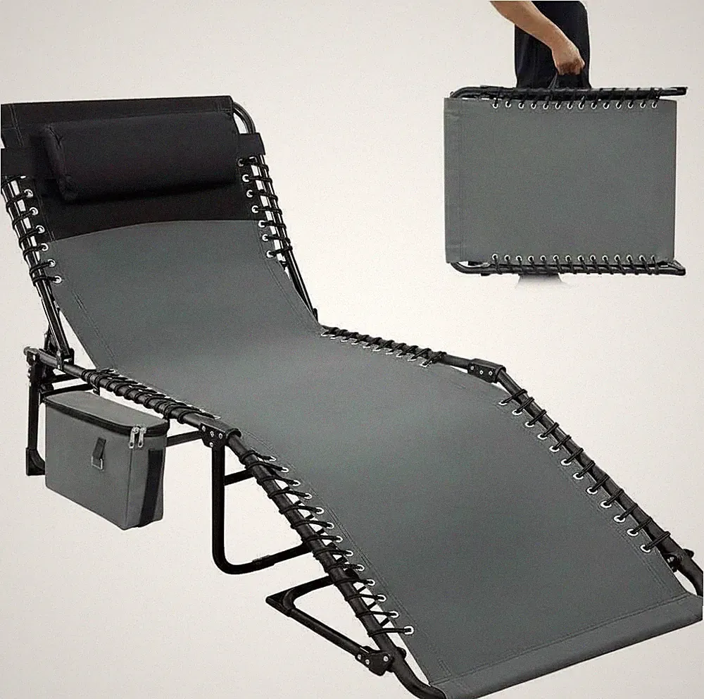 Chaise Lounge Chair Outdoor with Side Pocket,5-Position Adjustable Backrest, Pil