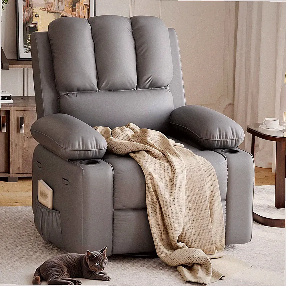 Classic Manual Leather Recliner Chair with Lumbar Support - Grey