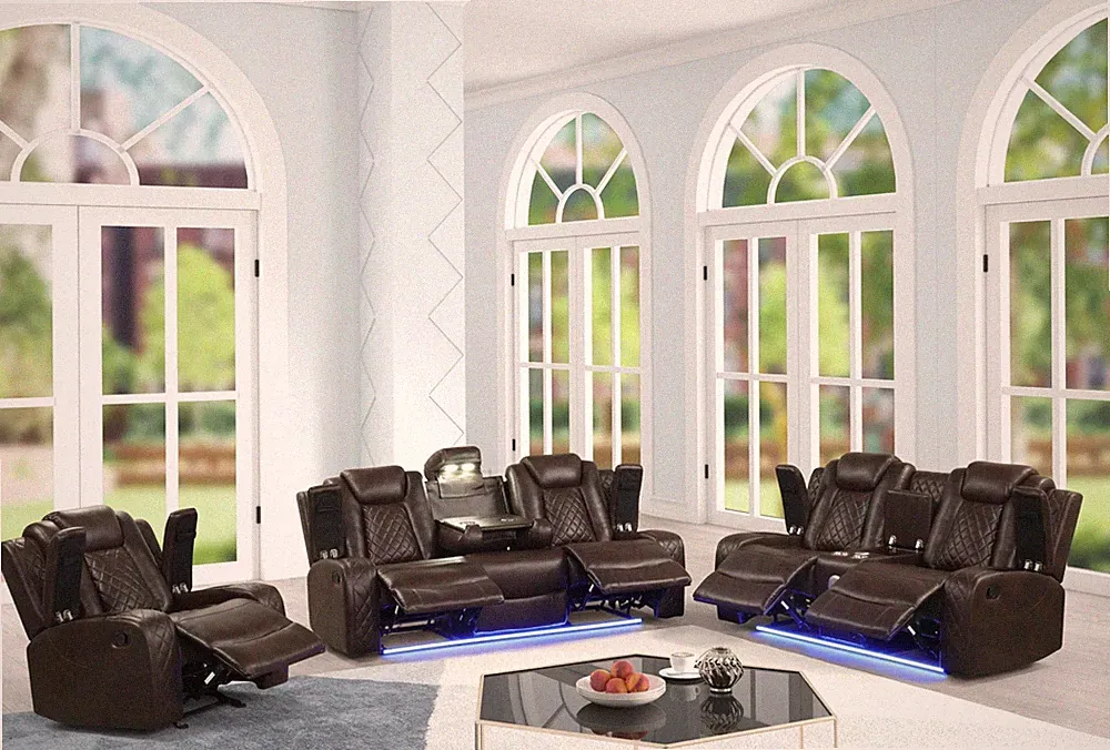 NEW LED 3PC Sofa Loveseat Chair Recliner Set Brown Leather Bluetooth Speaker