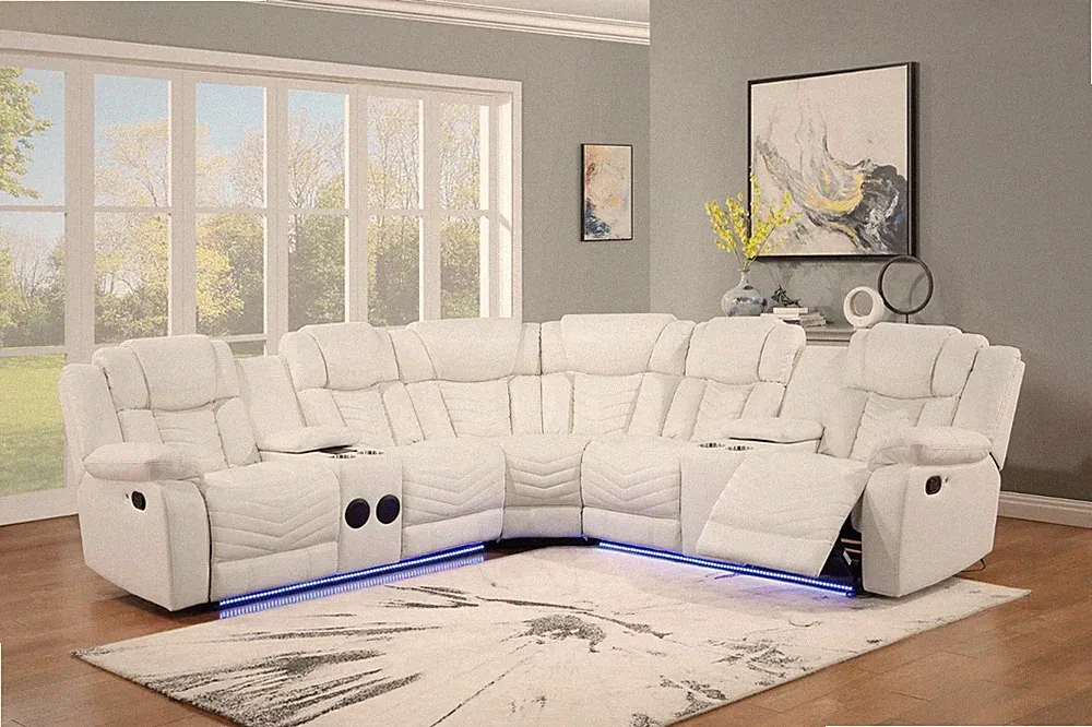 NEW LED White Leather 2-Seater Recliner Sectional Bluetooth Speaker & Cupholders