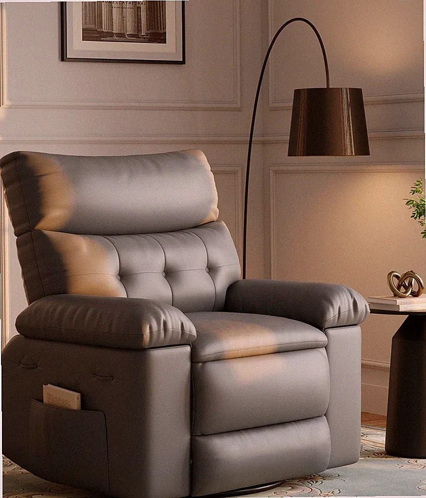 Oversized 27" Grey Leather Recliner Chair with Lumbar Support